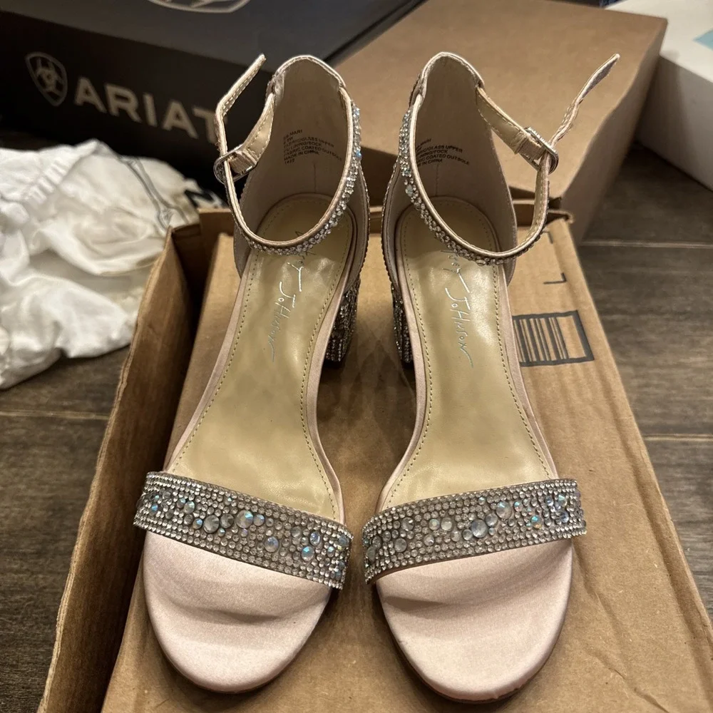 Embellished Block Heel Sandal in Blush with Silver Crystals